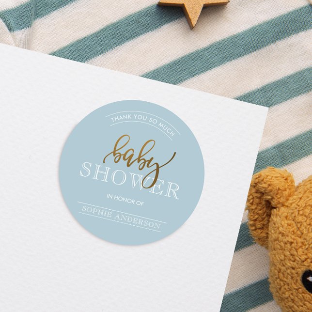 Gold Script on Pastel Blue | Baby Shower Thank You Classic Round Sticker (Round Sticker Mock-up)