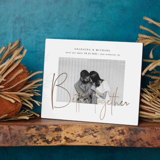 gold script one photo save the date engagement plaque (Side)