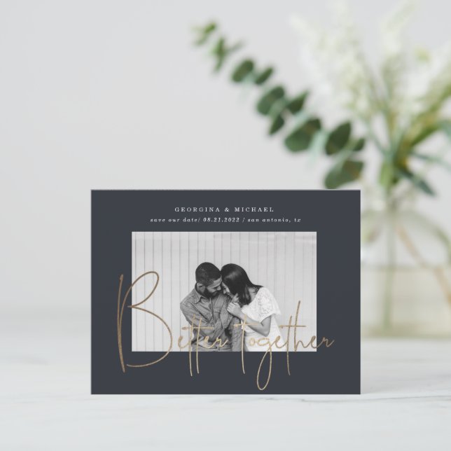 gold script one photo save the date engagement postcard (Standing Front)