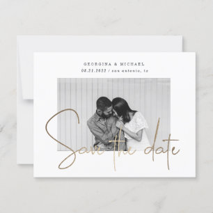 gold script one photo save the date postcard