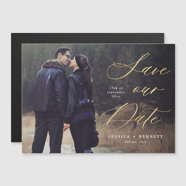 Gold Script Overlay Photo Save the Date Magnet (Front/Back)