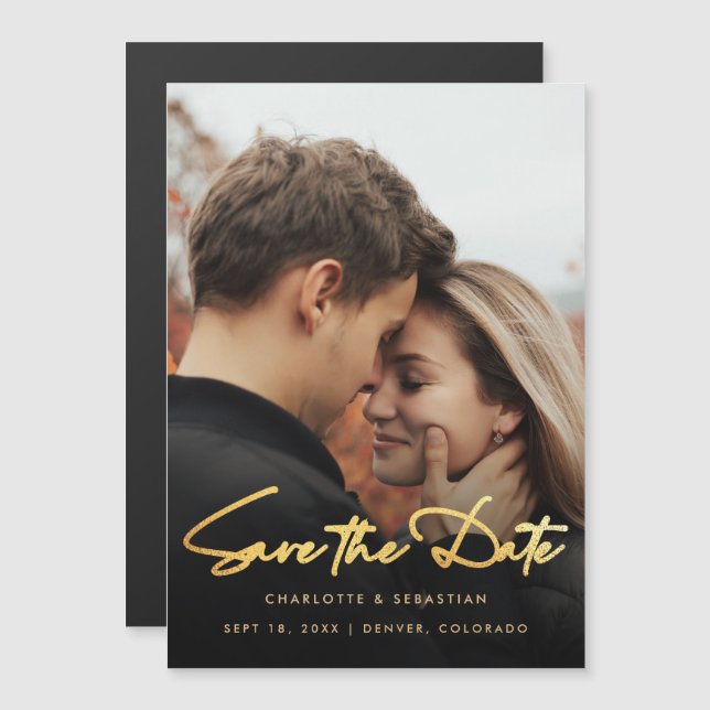 Gold Script Overlay Photo Save the Date Magnetic Invitation (Front/Back)