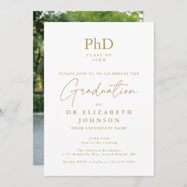 Gold Script PhD Degree Photo Graduation Party Invitation (Front/Back)