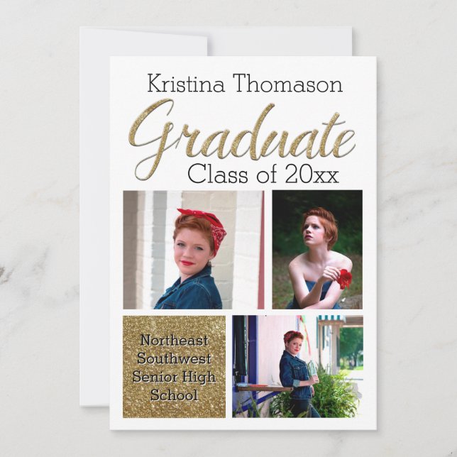 Gold Script Photo Collage High School Graduation Invitation (Front)