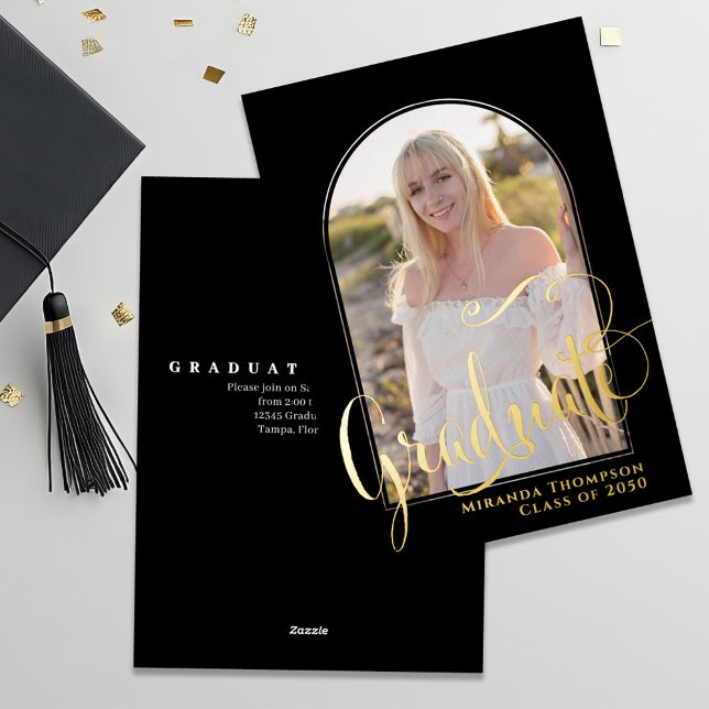 Gold Script Photo Graduation Template (Gold foil graduation photo invitation announcement card.)