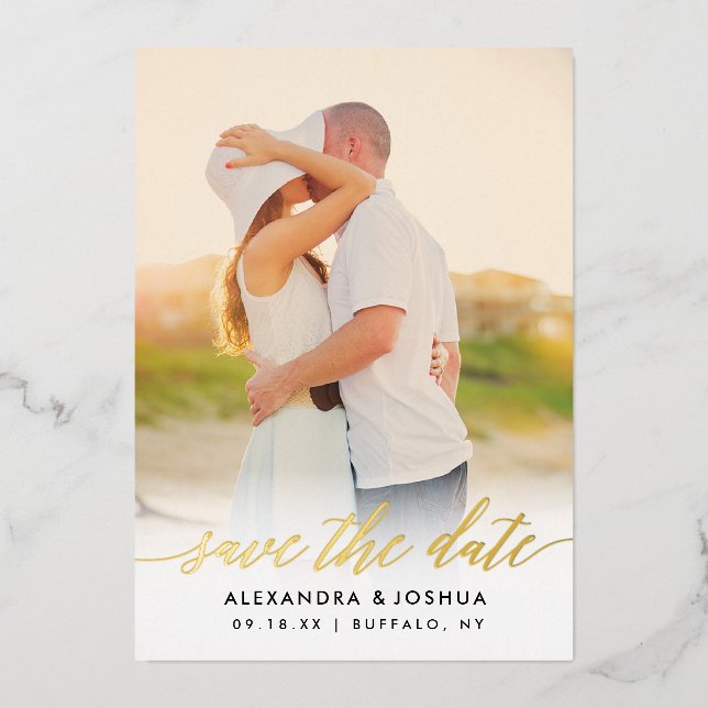 Gold Script Photo Save the Date in Gold Foil (Front)