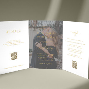 Gold script photo wedding RSVP details QR code  Tri-Fold Invitation