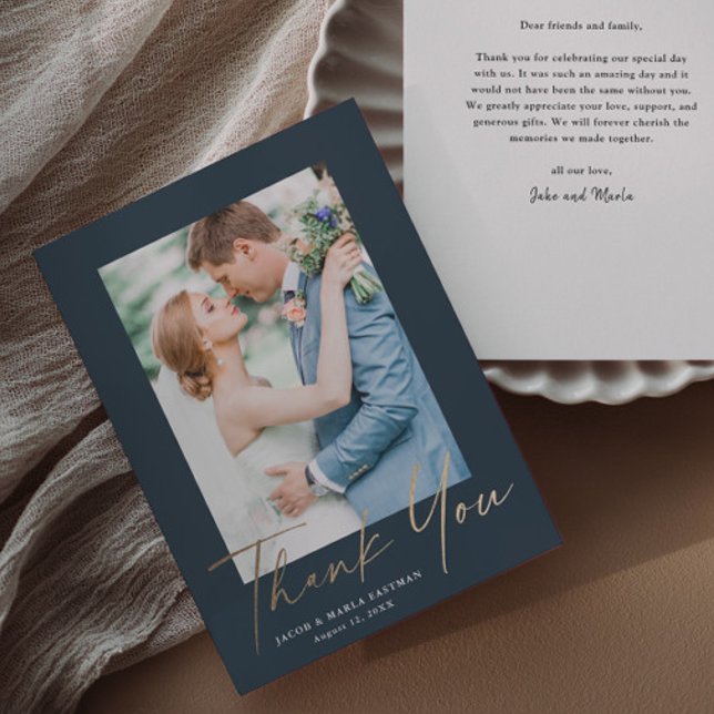 Gold Script Photo Wedding  Thank You Card (Elegant gold script wedding photo thank you cards.)