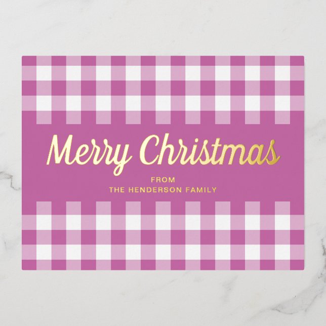 Gold Script Pink Gingham Merry Christmas Foil Holiday Postcard (Front)