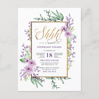 Gold Script Purple Floral Surprise Birthday Party Invitation Postcard