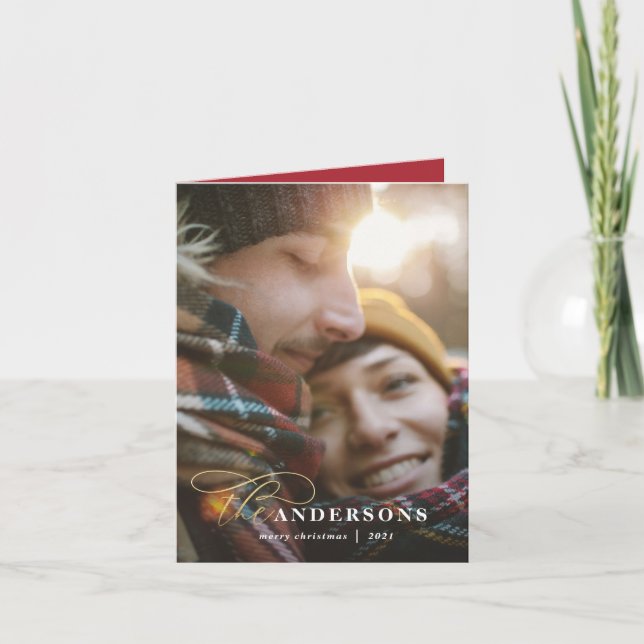 Gold script red plaid backer 1 photo Christmas Holiday Card (Front)