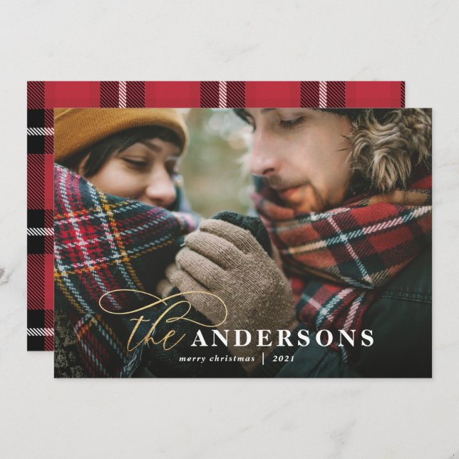 Gold script red plaid backer 1 photo Christmas Holiday Card (Front/Back)