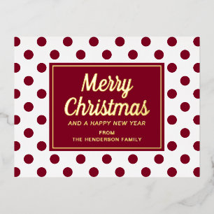 Gold Script Red Polka Dots Merry Christmas Foil Holiday Postcard