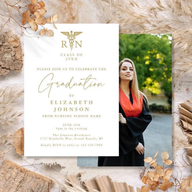 Gold Script RN Nursing Photo Graduation Party Invitation (Gold Script RN Nursing Photo Graduation Party Invitation)