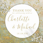 Gold Script Signature Wedding Favour Thank You  Classic Round Sticker<br><div class="desc">Gold and white signature script wedding favour thank you classic round sticker featuring signature style names. Personalize with your special thank you message in chic gold typography. Designed by Thisisnotme©</div>