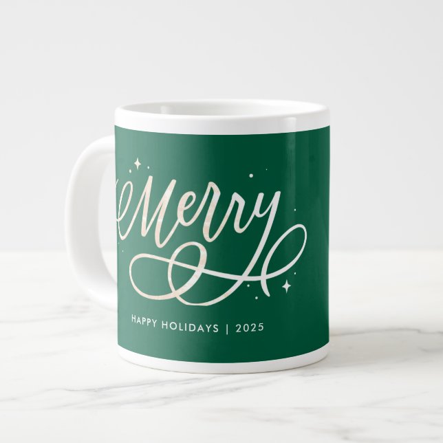 Gold Script Sparkly Merry Holiday Photo Gift Large Coffee Mug (Front Left)