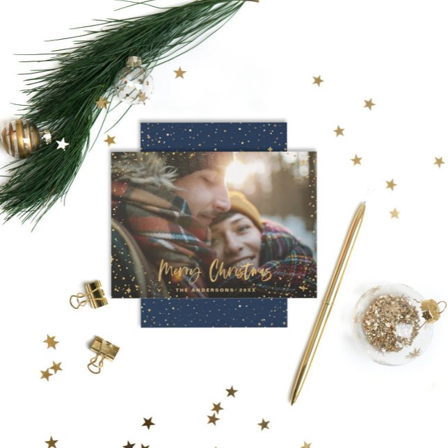 Gold script stars Christmas 1 photo navy holiday Card (Creator Uploaded)