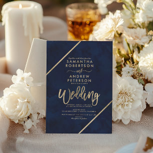 Gold script stripes navy blue watercolor wedding invitation