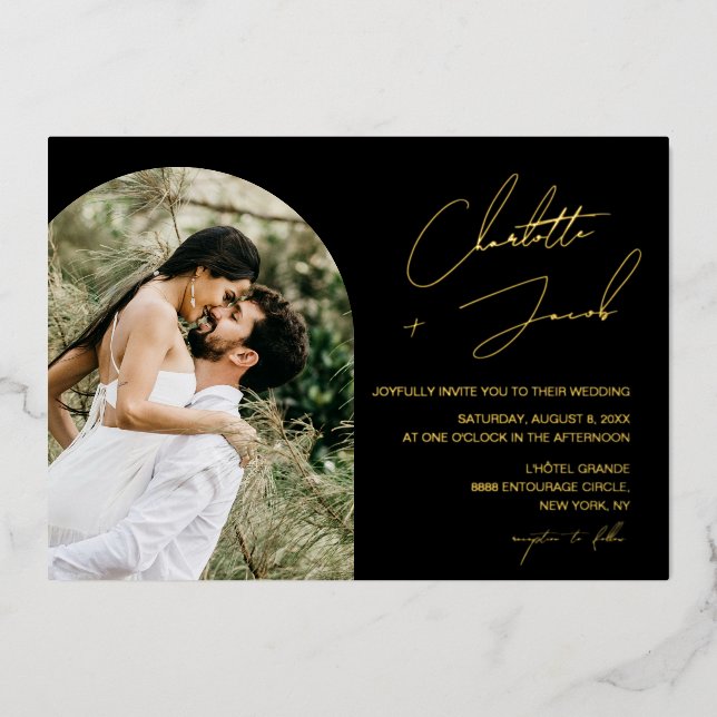Gold Script Text Names on black Photo Wedding  (Front)