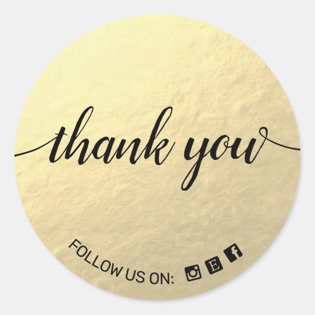 Gold Script Typography Social Media Icon Thank You Classic Round Sticker (Front)