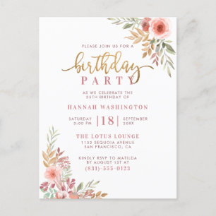 Gold Script & Watercolor Floral Birthday Party Invitation Postcard