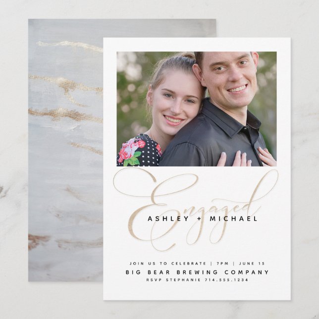 Gold Script Watercolor Photo Engagement Party Invitation (Front/Back)
