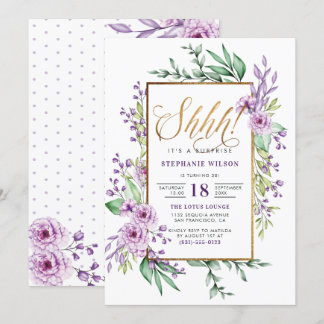 Gold Script Watercolor Surprise Birthday Party Invitation