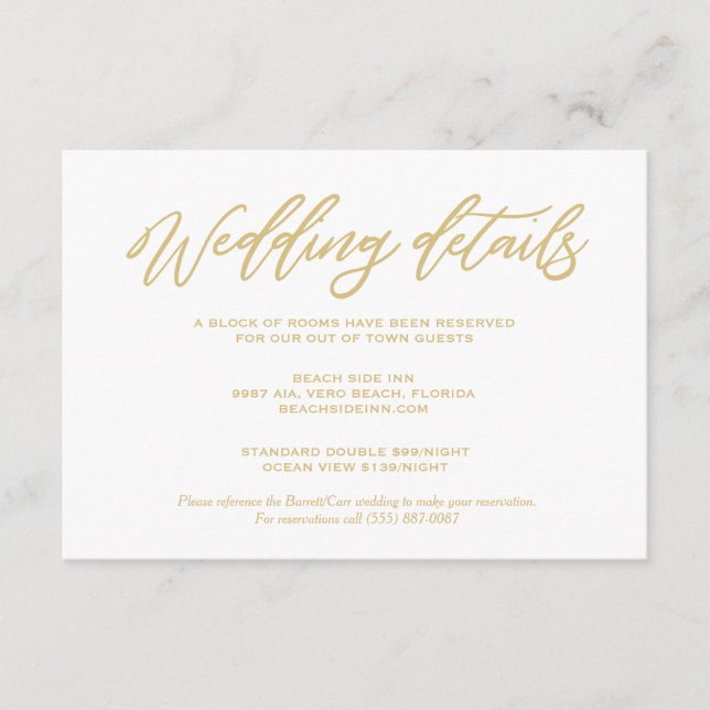 Gold Script Wedding Details Hotel Accommodations Enclosure Card (Front)