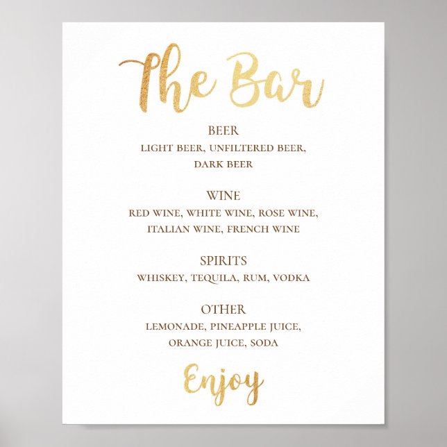 Gold script wedding drinks. Simple alcohol bar Poster (Front)