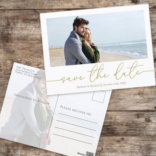 Gold Script Wedding Save the Date Photo Custom  Postcard (Creator Uploaded)