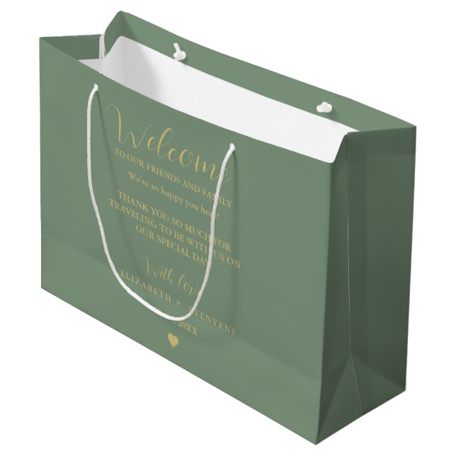 Gold script wedding welcome bag hotel guest bags  (Front Angled)