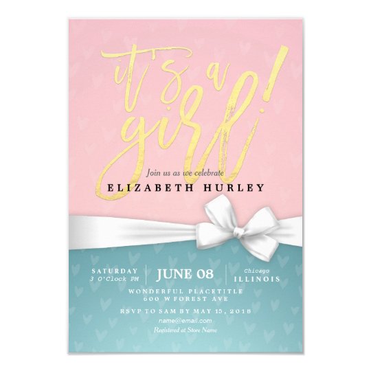 Gold Script White Ribbon Blue Pink Baby Shower Card