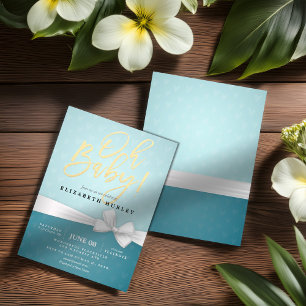 Gold Script White Ribbon Turquoise Baby Shower Invitation