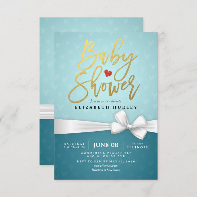 Gold Script White Ribbon Turquoise Baby Shower Invitation (Front/Back)