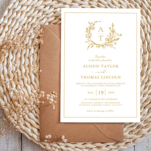 Gold Script Wildflower Crest Monogram Wedding  Invitation (Creator Uploaded)