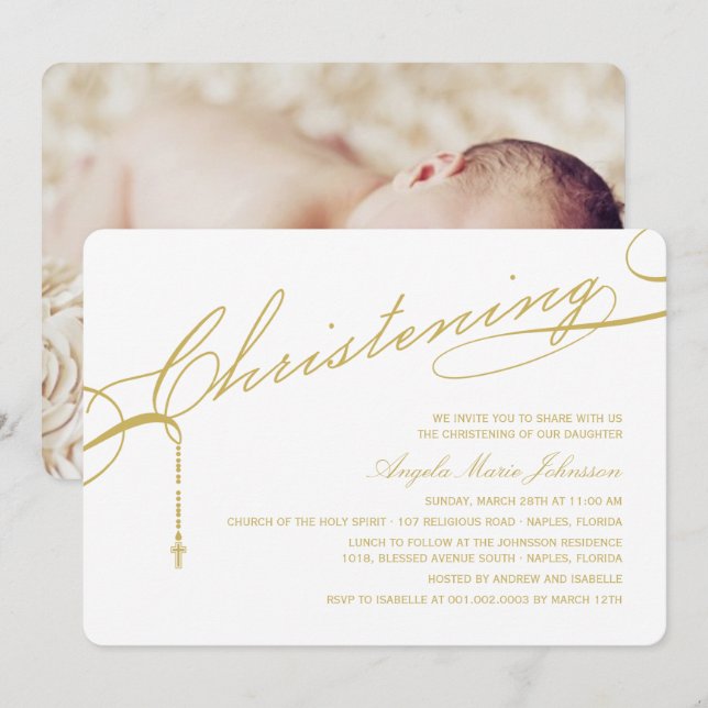 Gold Scripted Christening Cross Photo Religious Invitation (Front/Back)