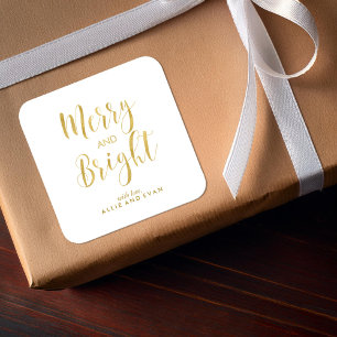 Gold Scripted Merry and Bright Square Sticker