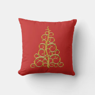 Gold Scroll Christmas Tree Throw Pillow