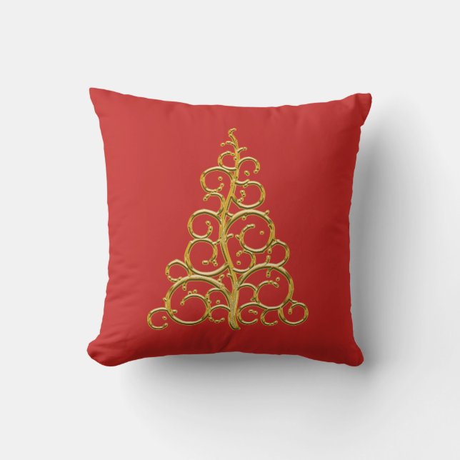 Gold Scroll Christmas Tree Throw Pillow (Front)