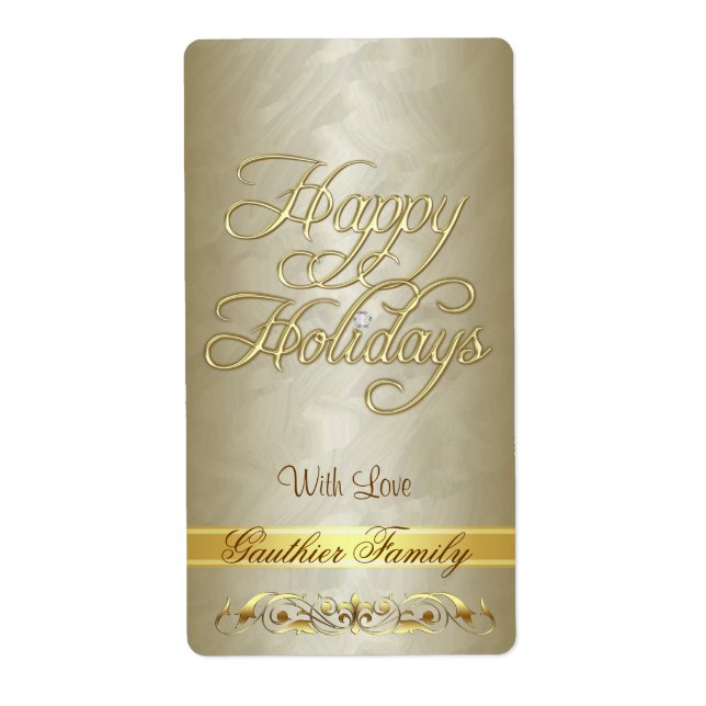 Gold Scroll Happy Holidays Vins Étiquette (Devant)