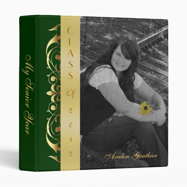 Gold Scroll Photo Green Graduation Album Binder (Front/Spine)