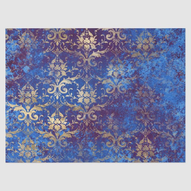 Gold Scroll Work Flowers on Blue Decoupage Tissue Paper (Front)
