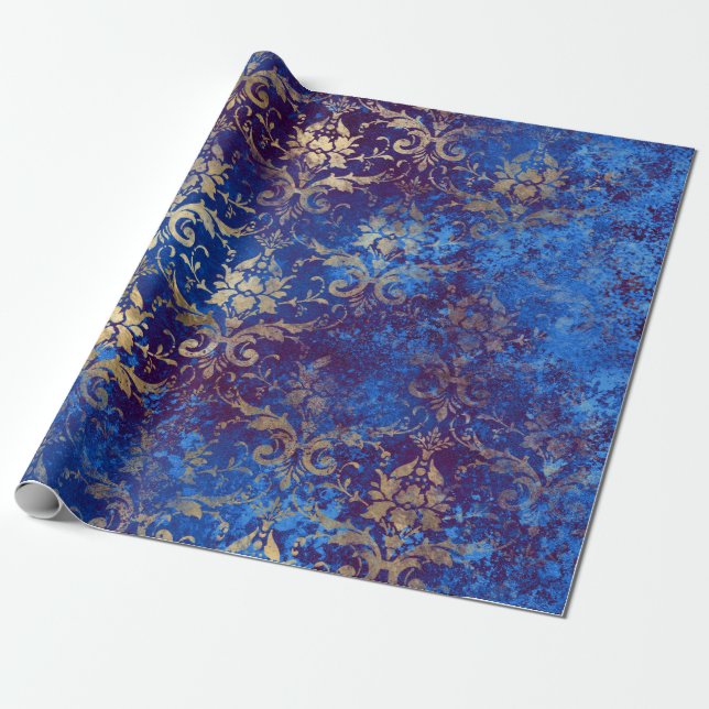 Gold Scroll Work Flowers on Blue Wrapping Paper (Unrolled)