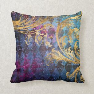 Gold Scrollwork on Purple and Blue Throw Pillow