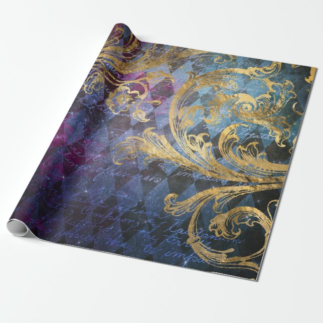 Gold Scrollwork on Purple and Blue Wrapping Paper (Unrolled)