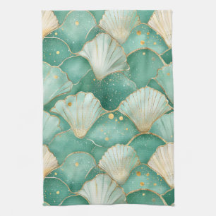 Gold Sea Shell Wave Pattern in Aqua Teal Kitchen Towel