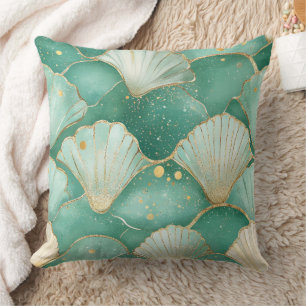 Gold Sea Shell Wave Pattern in Aqua Teal Throw Pillow