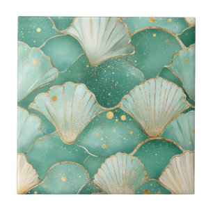 Gold Sea Shell Wave Pattern in Aqua Teal Tile