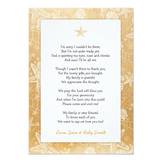 Gold Sea Shells baby shower thank you note poem Card