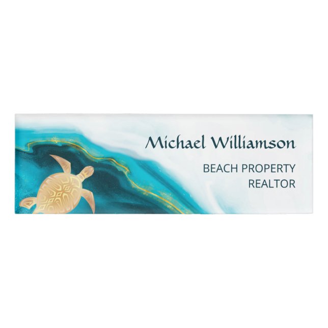 Gold Sea Turtle Teal Coastal Name Tag (Front)